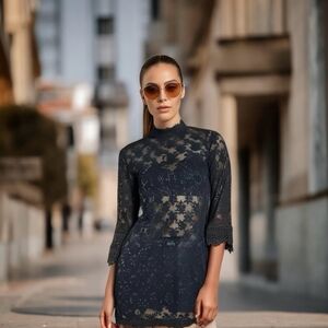 Women's Blouse Marks & Spencer Black Lace Blouse 3/4 Sleeve Sheer Crochet Top